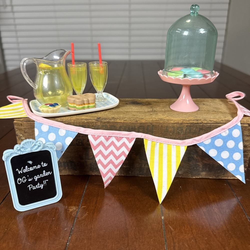 Our Generation Doll Garden Party Tray Pitcher Glasses Cookies Sign Banner Desert